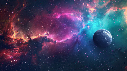 A cosmic scene where the serene beauty of a planet contrasts with the wild, colorful expanse of a nebula, set in a sea of stars