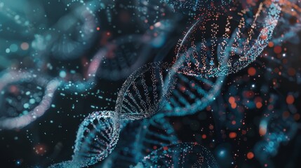 Biotechnology: DNA helix structures overlaid with digital elements, symbolizing the fusion of biology and technology. 