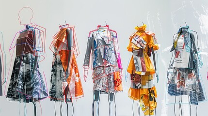 Fashion Tech: Digital sketches of clothing overlaid with fabric patterns and design tools.