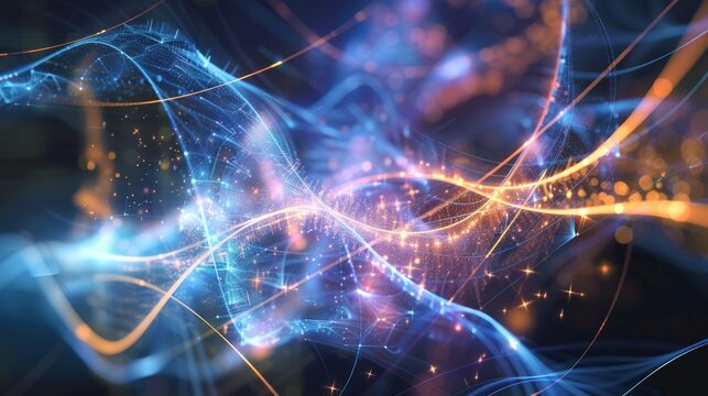 Quantum Computing: Abstract quantum particles and waves intertwined, representing advanced computational technology. 