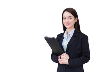 Professional Asian business young woman in black suit smiles happily while she works and holds clipboard confidently with looking at camera in office while isolated white background.