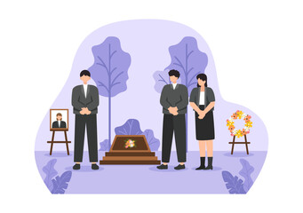 Funeral Ceremony Vector Illustration of Sad People in Black Clothes Standing by a Grave with Wreaths Around a Coffin in a Flat Cartoon Background