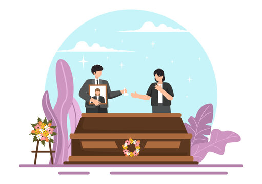 Funeral Ceremony Vector Illustration of Sad People in Black Clothes Standing by a Grave with Wreaths Around a Coffin in a Flat Cartoon Background