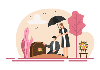 Funeral Ceremony Vector Illustration of Sad People in Black Clothes Standing by a Grave with Wreaths Around a Coffin in a Flat Cartoon Background