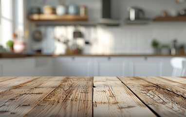Rustic wooden tabletop in a modern kitchen setting with blurred background. Perfect for culinary, home decor, and interior design themes.