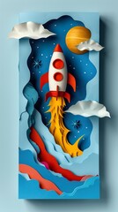 3d illustration of colorful and cheerful rocket starting the journey to outer space