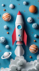 illustration paper rocket in space surrounded by planets
