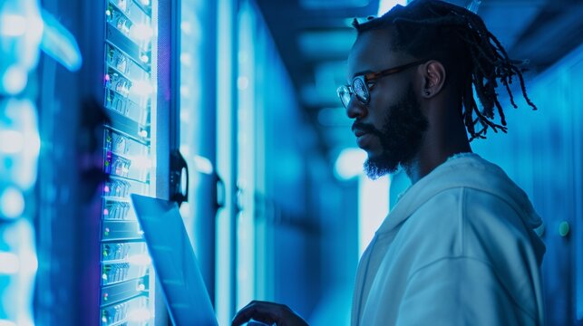 Side view portrait of African American data engineer holding laptop while working with supercomputer in server room lit by blue light, copy space
