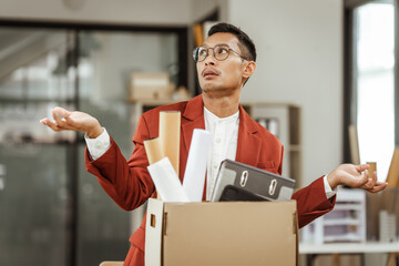 A middle-aged Asian businessman in a formal suit is working at his desk, preparing to resign after...