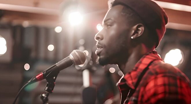 Black singer recording music in studio. Concept Music Production, Recording Studio, Artist at Work, Vocal Performances, Behind the Scenes