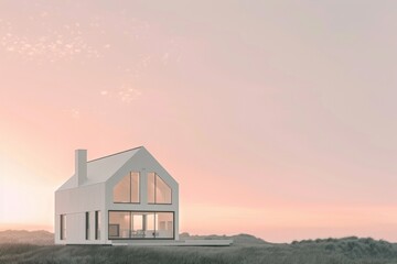 A house in pastel colors against a pink sky, clean and simple shapes emphasize modern design