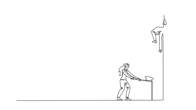 Animation of single continuous line drawing businesswoman climbs ladder to achieve the expected reward. Destroyed silently. Business failed to develop. Destroyed by traitors. Full length motion