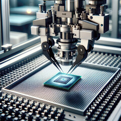 Robotic arm handling silicon wafer with precision and efficiency speed, microchip production lab, concept semiconductor industry, nano technology, generative ai