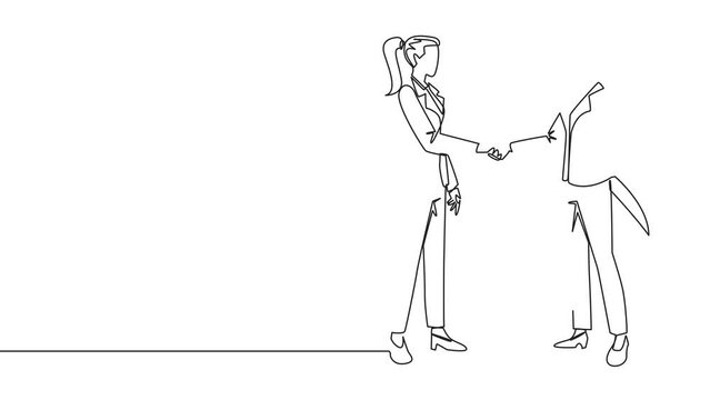 Animation of continuous one line drawing two businesswomen shaking hands. One of them holding knife behind back. Getting ready to stab. Must win at all costs. Traitor. Full length motion