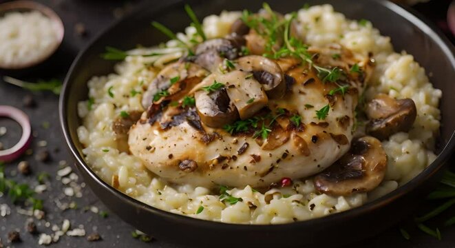 Tasty grilled chicken risotto with mushrooms on a black background. Concept Grilled Chicken, Risotto, Mushrooms, Food Photography, Black Background