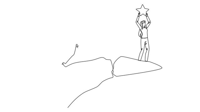 Self drawing animation of single continuous line drawing businesswoman standing on the edge of a cliff holding up a star. The hypocrite partner want to destroy the achievement. Full length animated