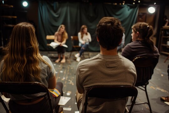Behind the scenes. Dedicated actors and crew rehearsing in a cozy community theater