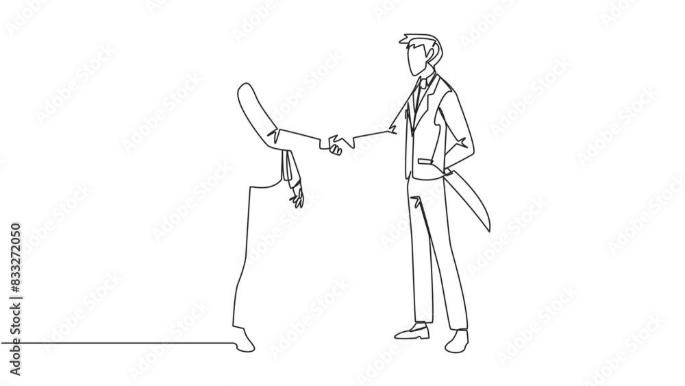 Poster self drawing animation of single continuous line drawing two businessmen shaking hands. one of them 
