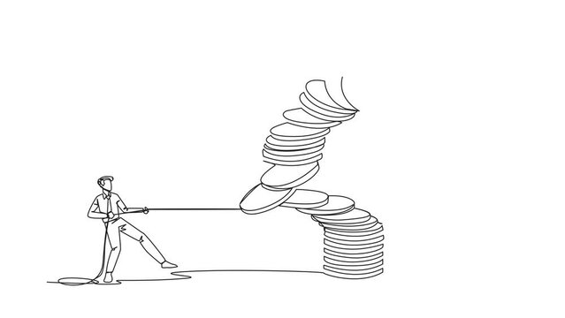 Animation of single continuous line drawing businessman pull one of a piles of coins who made the person on top fall. Business fraud. Misappropriation of office money. Traitor. Full length motion