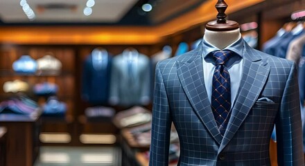 Elegant Men's Shirt Showcased on Tailored Suit Mannequin in Upscale Boutique. Concept Fashion Retail, Men's Shirts, Tailored Suits, Upscale Boutiques, Mannequins