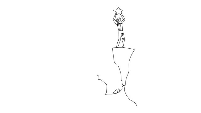 Animation of single one line drawing businessman standing on a cliff lifting a star. An envious friend, eating away at success from the inside to fall down. The traitor. Full length motion