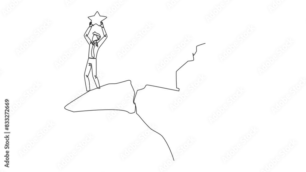Poster animated self drawing of one line drawing businessman standing on the edge of a cliff holding up a s