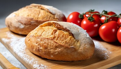 Naklejka premium Du pain des tomates du fromage sur une planche de bois_
