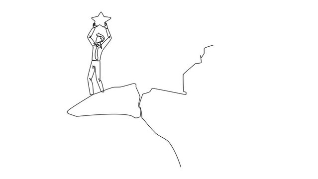 Animated self drawing of one line drawing businessman standing on the edge of a cliff holding up a star. The hypocrite partner want to destroy the achievement. Full length single line animation