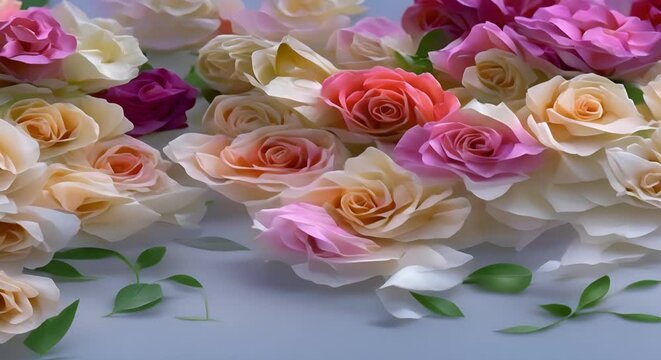 Elegant arrangement of white rose petals and silk floral pattern on a hotel bed. Concept Romantic Decor, Hotel Room Styling, Floral Arrangement, White Rose Petals, Silk Flowers