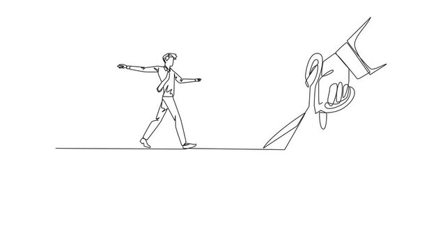 Self drawing animation of continuous one line drawing businessman walking across on tightrope. A metaphor pursuing a career. Ruined by traitors. Fake friend. Business sabotaged. Full length animated
