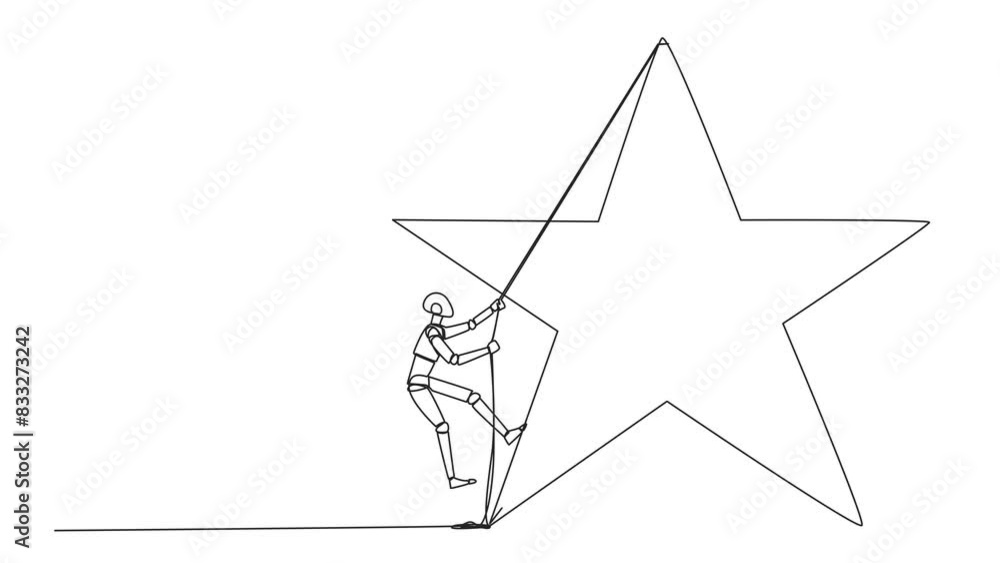 Poster animation of single continuous line drawing smart robot climbing the star with the rope. entrepreneu