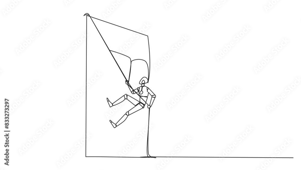 Poster self drawing animation of single one line drawing smart robot climbs shield with rope. working to he
