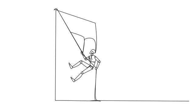 Self drawing animation of single one line drawing smart robot climbs shield with rope. Working to help clients secure servers from virus attack. Check each layer. Smart work hard. Full length animated