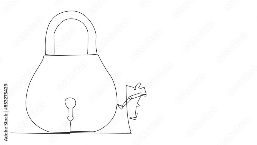 Poster animation of single one line drawing smart robot climbing padlock with rope. do the best to privatiz