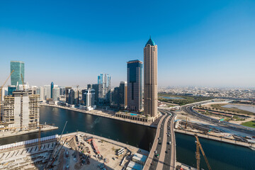 Aerial view of Dubai Business bay area and Dubai Water Canal.