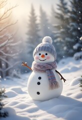 A cheerful snowman wearing a knitted hat and scarf 