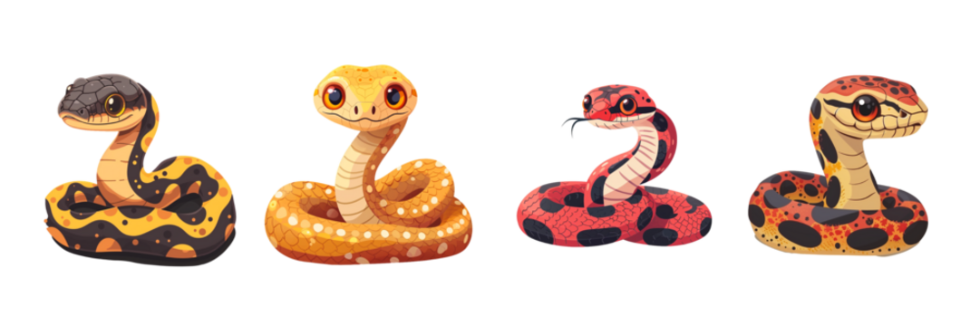 Collection of cute snake in flat style isolated on transparent background. Generated AI