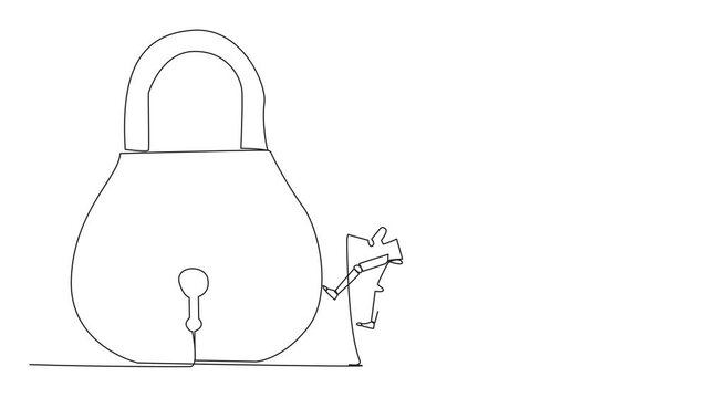 Animation of single one line drawing smart robot climbing padlock with rope. Do the best to privatize the business. Sole owner. The result of smart hard work. Satisfied. Full length motion