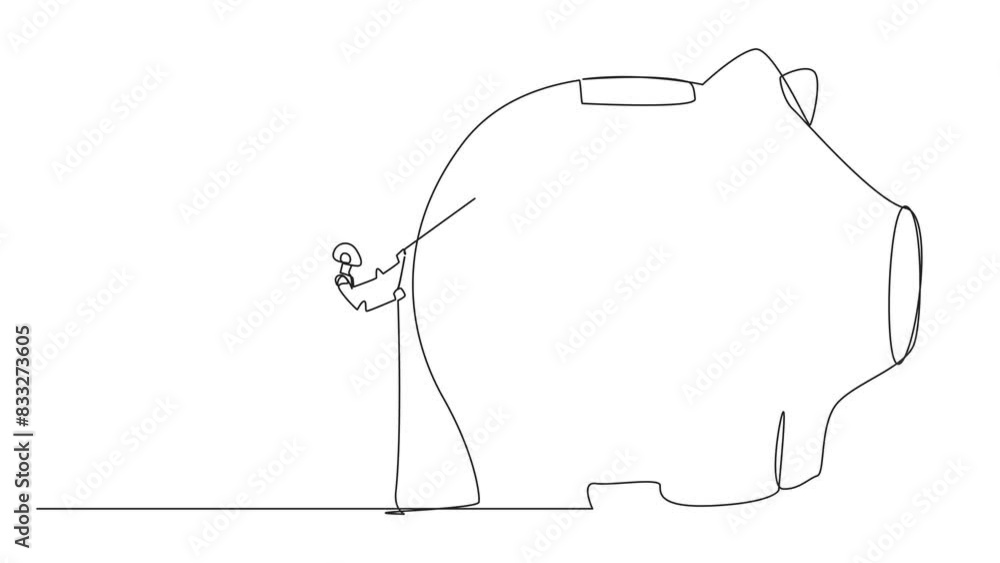 Poster animated self drawing of continuous line drawing smart robot climbing piggy bank with rope. entrepre