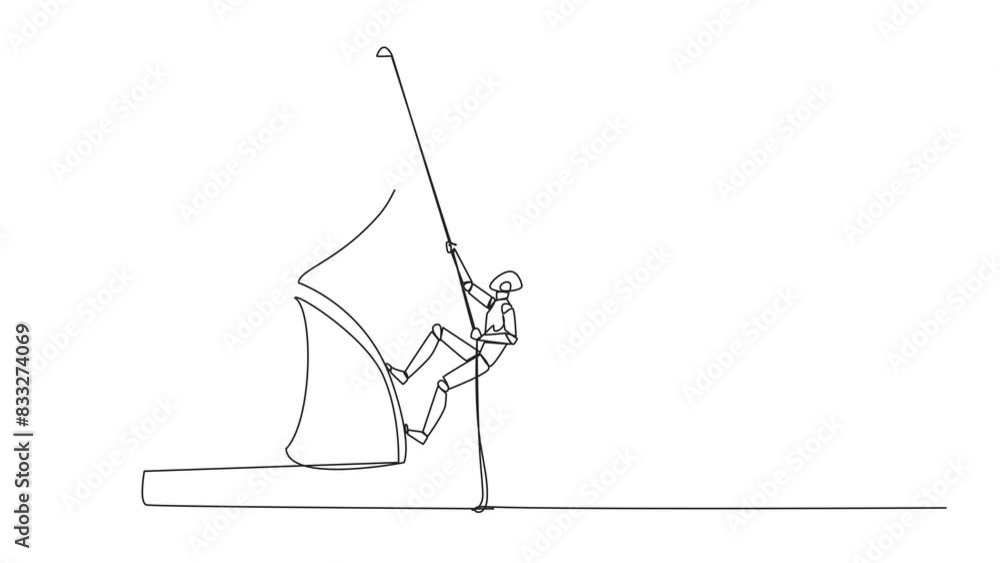 Poster animation of single continuous line drawing smart robot climbs hourglass with the rope. the countdow