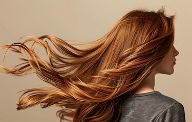 Obraz premium Beautiful woman with long brown hair, back view. Her hair flowing in the wind, its color is chestnut and blonde. The background is a beige color, with copy space for text.