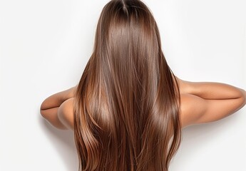 Fototapeta premium Back view of woman with a long straight hair,Lively hair on a white background,Young girl with hair flying in studio.