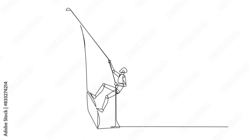 Poster animation of continuous one line drawing smart robot climbs rocket with rope. set the intention to o