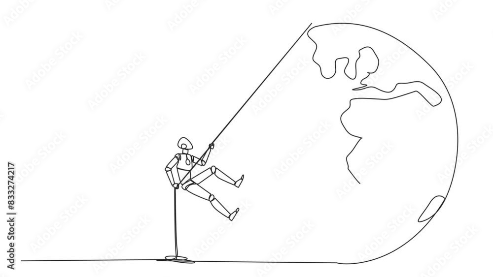Poster animated self drawing of continuous line drawing smart robot climbing globe with the rope. trying do
