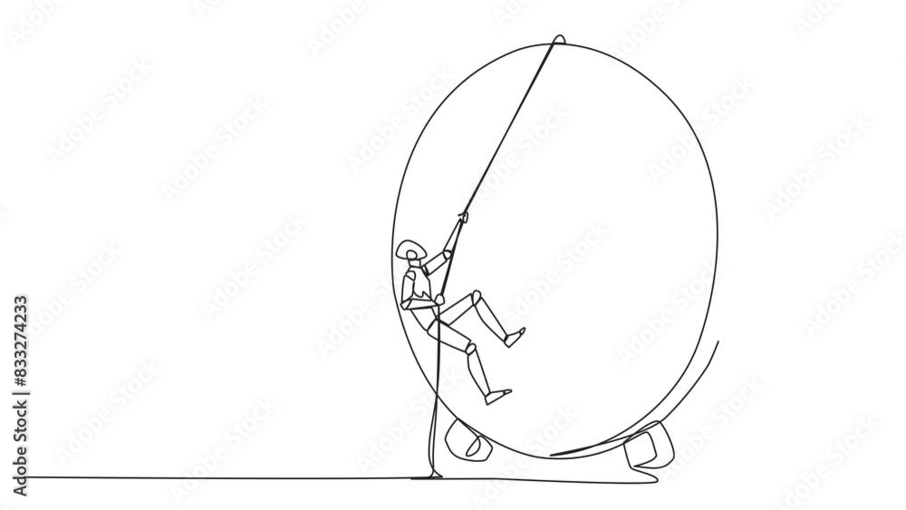 Poster self drawing animation of continuous one line drawing the robot climbs arrow board target with rope.