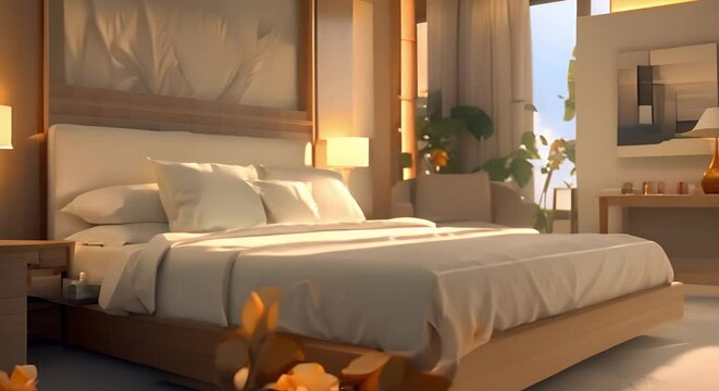 Hotel room bed interior view. Concept Vacation Destinations, Interior Design, Hotel Accommodations