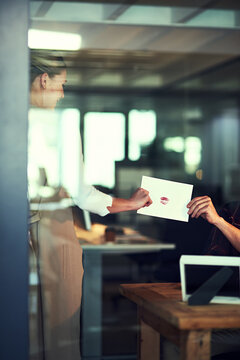 Flirt, hands and kiss on envelope for valentines day with business people sharing letter in glass office. Love, red lipstick or romance and employee in company workplace with crush for relationship
