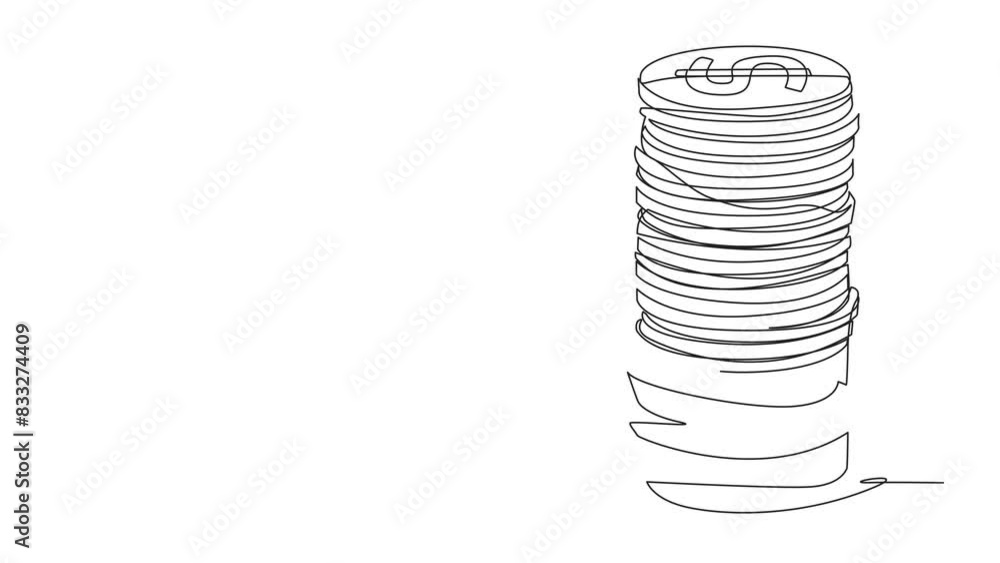 Poster animated self drawing of single one line drawing smart robot climbs stack of coins with rope. the en