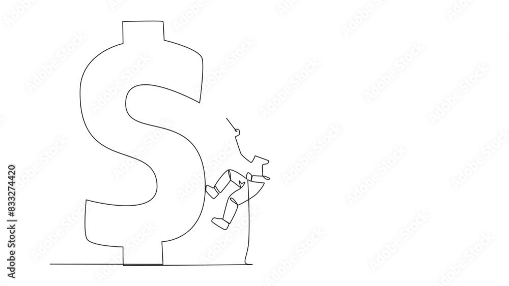 Poster animation of continuous one line drawing astronaut climbs dollar symbol with rope. metaphor looking 