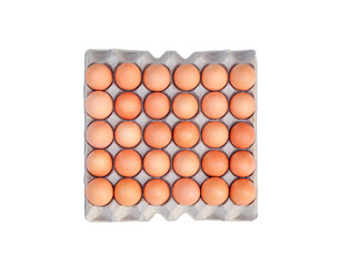 Fresh chicken eggs in carton egg tray isolated on transparent background, top view and png file